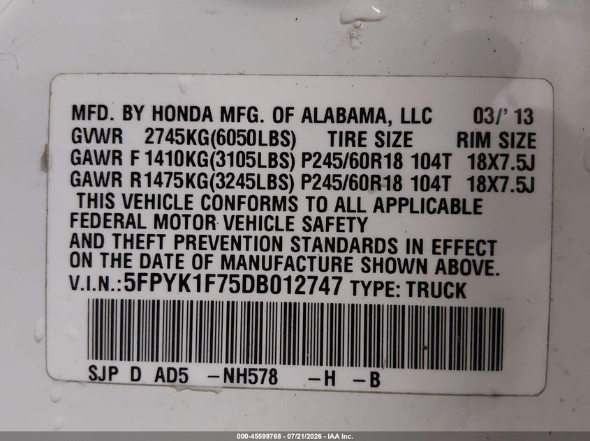 HONDA RIDGELINE 2013 VIN 5FPYK1F75DB012747