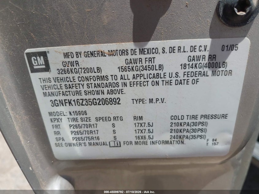 2005 Chevrolet Suburban 1500 Z71 VIN: 3GNFK16Z35G206892 Lot: 45599792