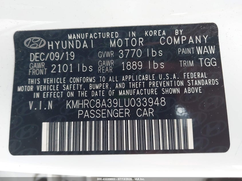 2020 Hyundai Venue Sel VIN: KMHRC8A39LU033948 Lot: 45599803