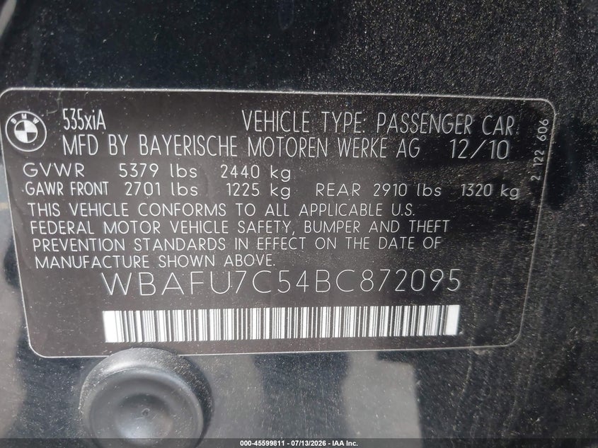 2011 BMW 535I xDrive VIN: WBAFU7C54BC872095 Lot: 45599811
