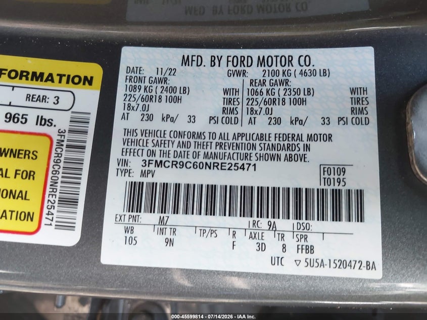 2022 Ford Bronco Sport Outer Banks VIN: 3FMCR9C60NRE25471 Lot: 45599814