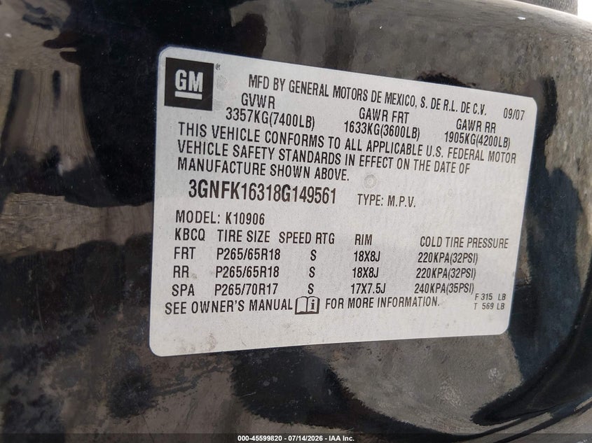 2008 Chevrolet Suburban 1500 Lt VIN: 3GNFK16318G149561 Lot: 45599820