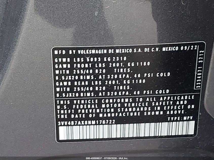 2022 Volkswagen Tiguan 2.0T Sel R-Line VIN: 3VV4B7AX8NM176722 Lot: 45599837