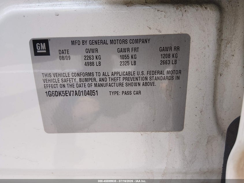 2010 Cadillac Cts Performance VIN: 1G6DK5EV7A0104051 Lot: 45599935