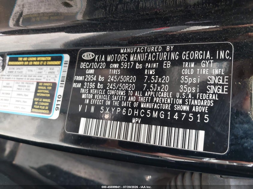 2021 Kia Telluride S VIN: 5XYP6DHC5MG147515 Lot: 45599941