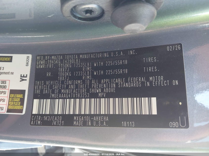 2026 Toyota Corolla Cross Xle VIN: 7MUEAAAG4TV183253 Lot: 45599950