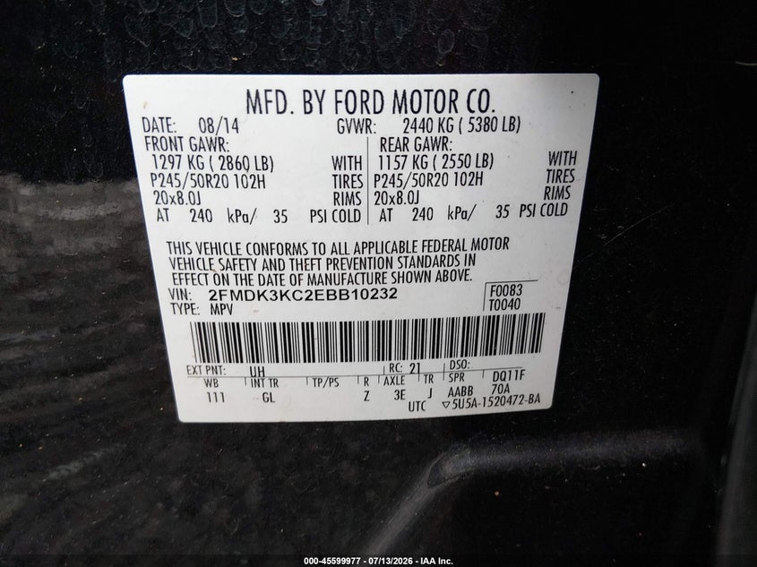 2014 Ford Edge Limited VIN: 2FMDK3KC2EBB10232 Lot: 45599977