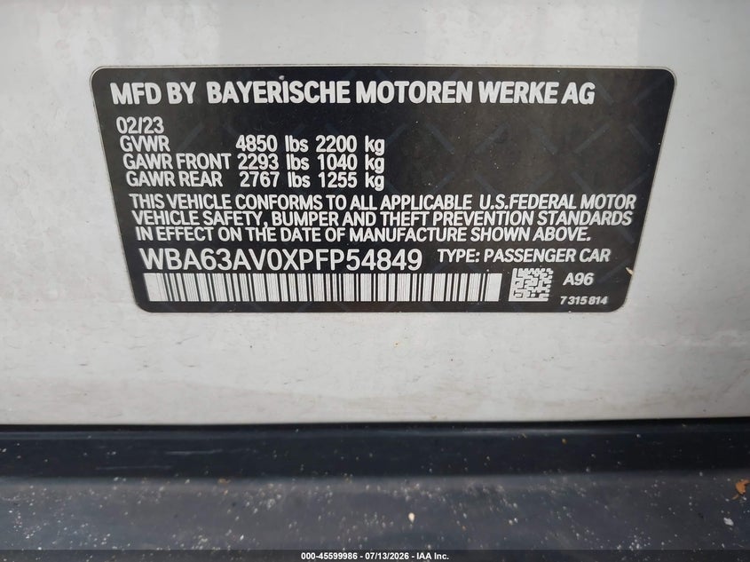 2023 BMW 430I Gran Coupe VIN: WBA63AV0XPFP54849 Lot: 45599986