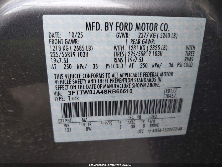 2025 Ford Maverick Xlt VIN: 3FTTW8JA4SRB66610 Lot: 45600038