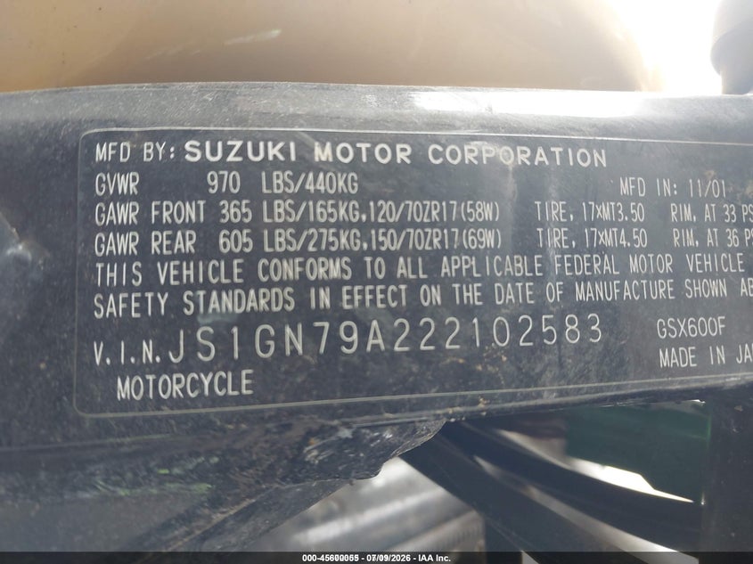 2002 Suzuki Gsx600 F VIN: JS1GN79A222102583 Lot: 45600055