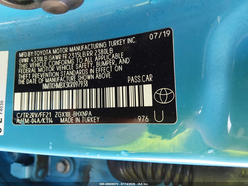 2019 Toyota C-Hr Xle VIN: NMTKHMBX3KR097938 Lot: 45600070