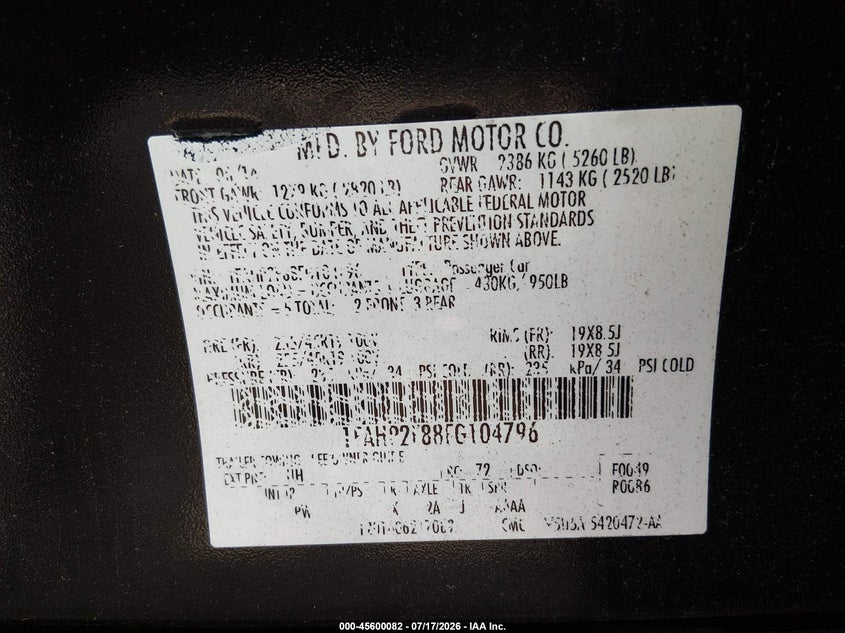 2015 Ford Taurus Limited VIN: 1FAHP2F88FG104796 Lot: 45600082