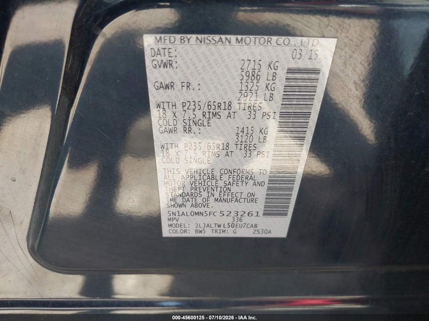 2015 Infiniti Qx60 VIN: 5N1AL0MN5FC523261 Lot: 45600125