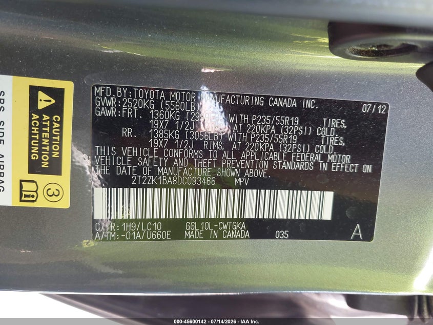 2013 Lexus Rx 350 VIN: 2T2ZK1BA8DC093466 Lot: 45600142