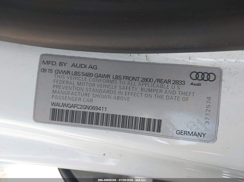 2016 Audi A7 3.0 Premium Plus VIN: WAUWGAFC2GN069411 Lot: 45600160