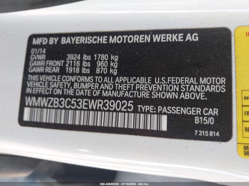 2014 Mini Countryman Cooper VIN: WMWZB3C53EWR39025 Lot: 45600209