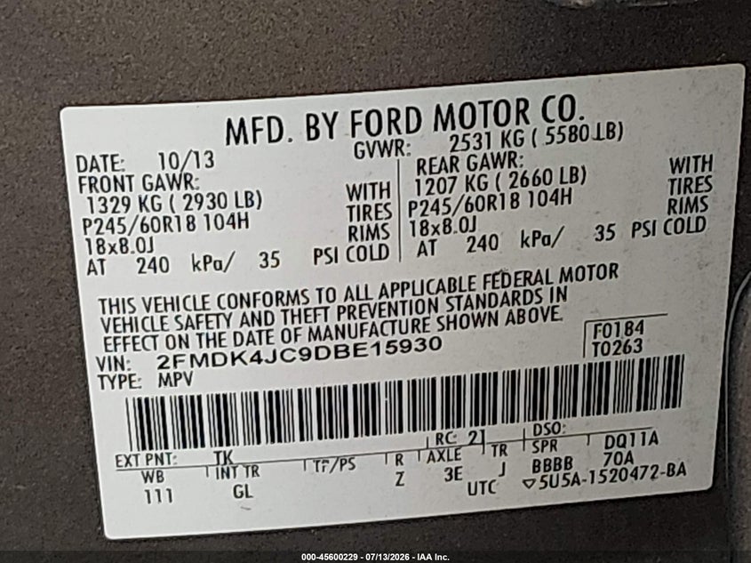 2013 Ford Edge Sel VIN: 2FMDK4JC9DBE15930 Lot: 45600229