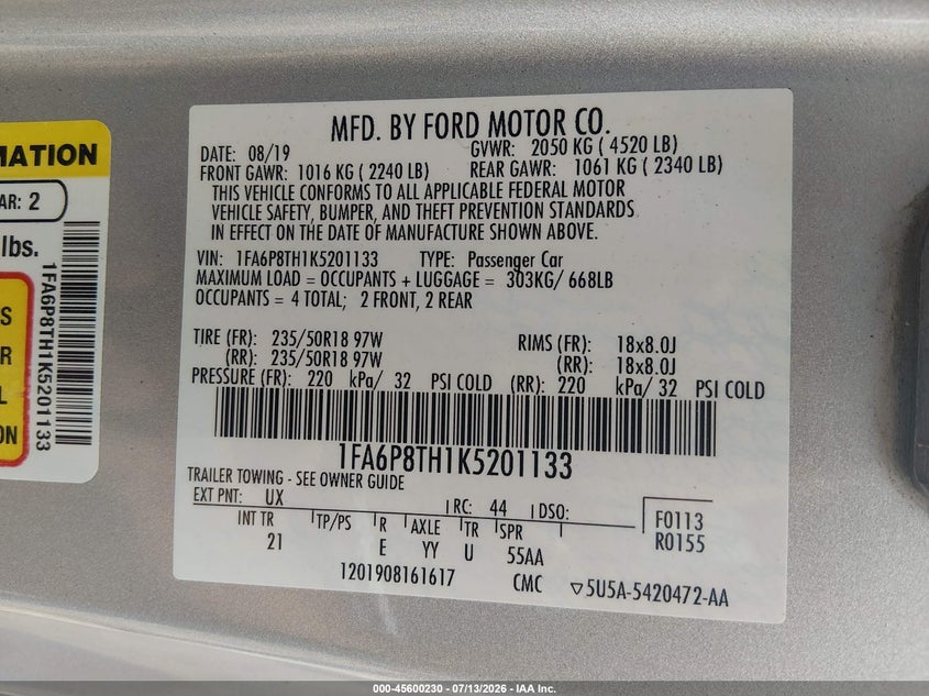 2019 Ford Mustang Ecoboost VIN: 1FA6P8TH1K5201133 Lot: 45600230