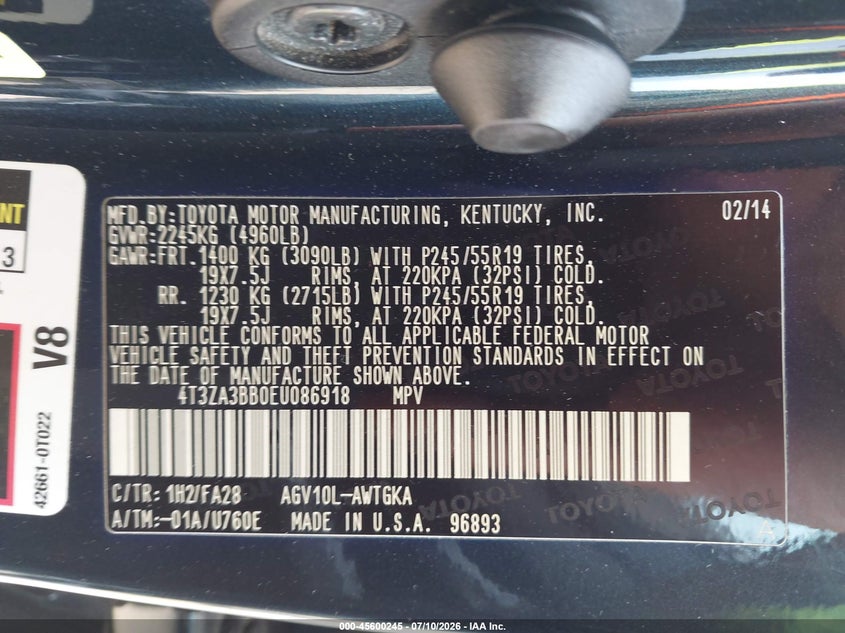 2014 Toyota Venza Le VIN: 4T3ZA3BB0EU086918 Lot: 45600245