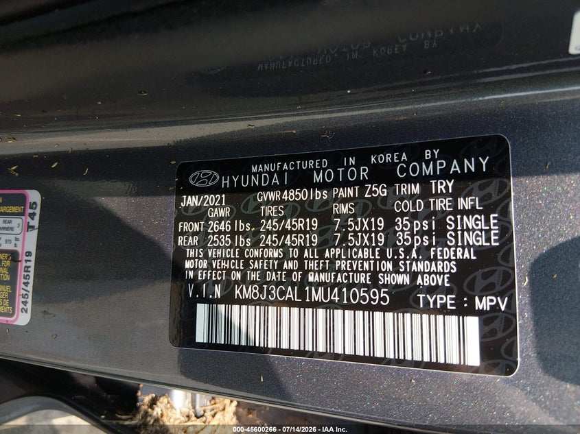 2021 Hyundai Tucson Sport VIN: KM8J3CAL1MU410595 Lot: 45600266