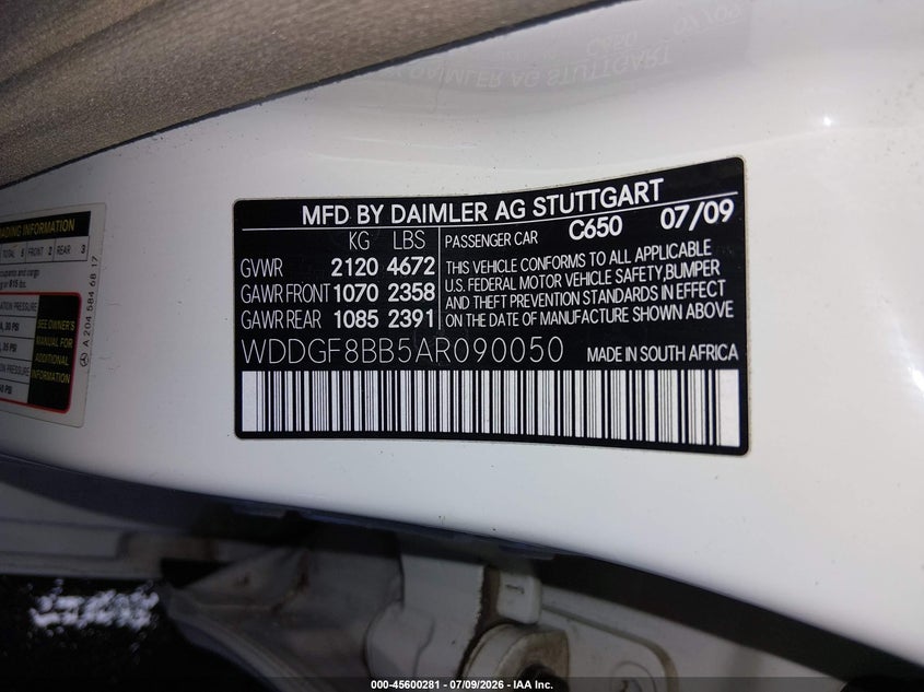 2010 Mercedes-Benz C 300 Luxury 4Matic/Sport 4Matic VIN: WDDGF8BB5AR090050 Lot: 45600281