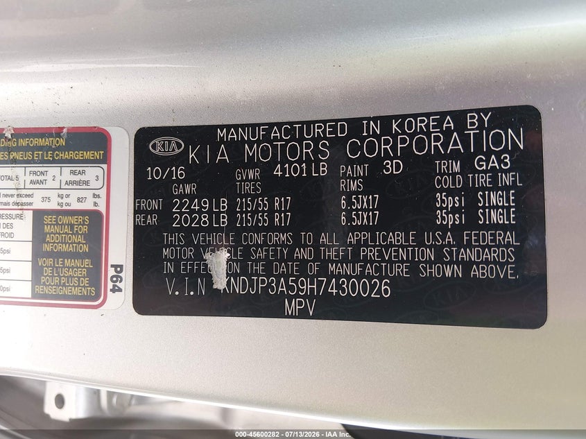 2017 Kia Soul + VIN: KNDJP3A59H7430026 Lot: 45600282