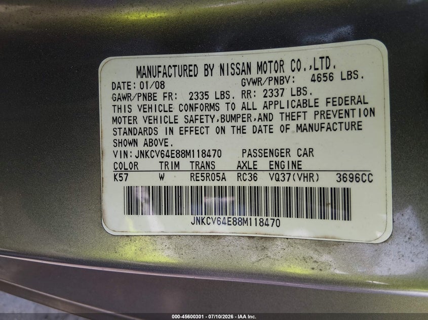 2008 Infiniti G37 Journey VIN: JNKCV64E88M118470 Lot: 45600301