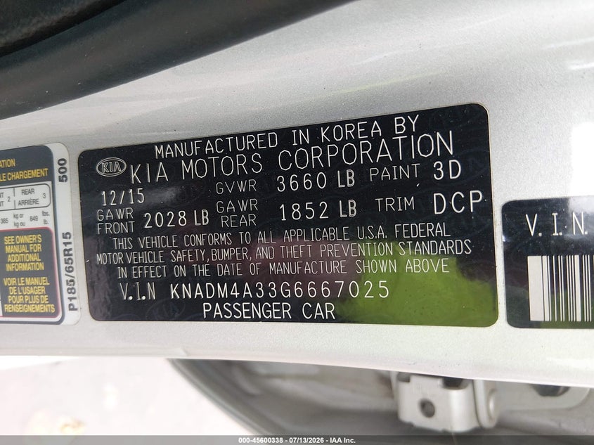 KIA RIO 2016 VIN KNADM4A33G6667025
