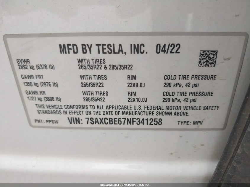 2022 Tesla Model X Plaid Tri Motor All-Wheel Drive VIN: 7SAXCBE67NF341258 Lot: 45600354