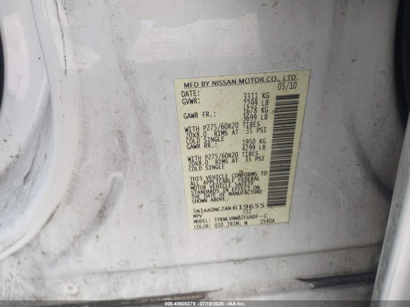2010 Nissan Armada Titanium VIN: 5N1AA0NC2AN619655 Lot: 45600379