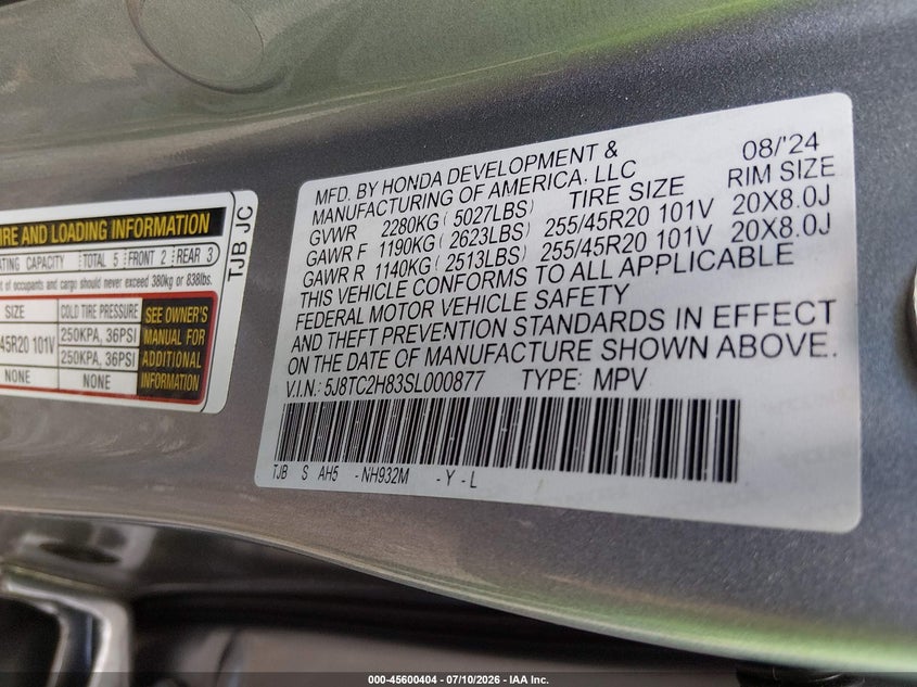 2025 Acura Rdx A-Spec Advance VIN: 5J8TC2H83SL000877 Lot: 45600404