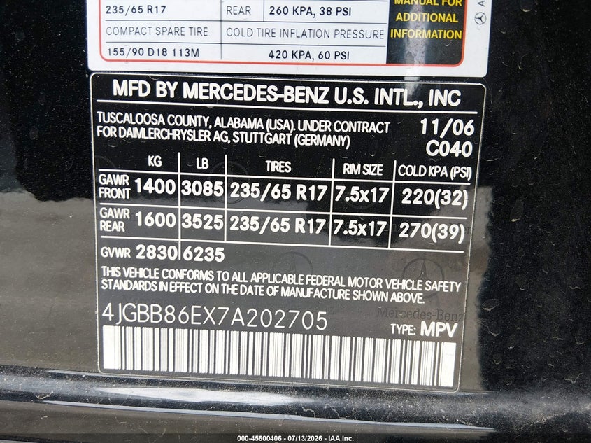 2007 Mercedes-Benz Ml 350 4Matic VIN: 4JGBB86EX7A202705 Lot: 45600406