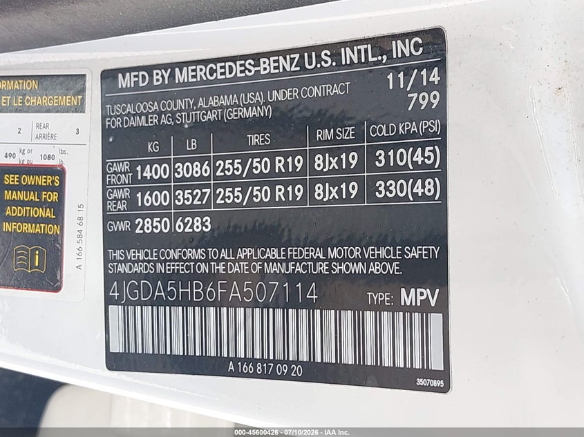 2015 Mercedes-Benz Ml 350 4Matic VIN: 4JGDA5HB6FA507114 Lot: 45600426
