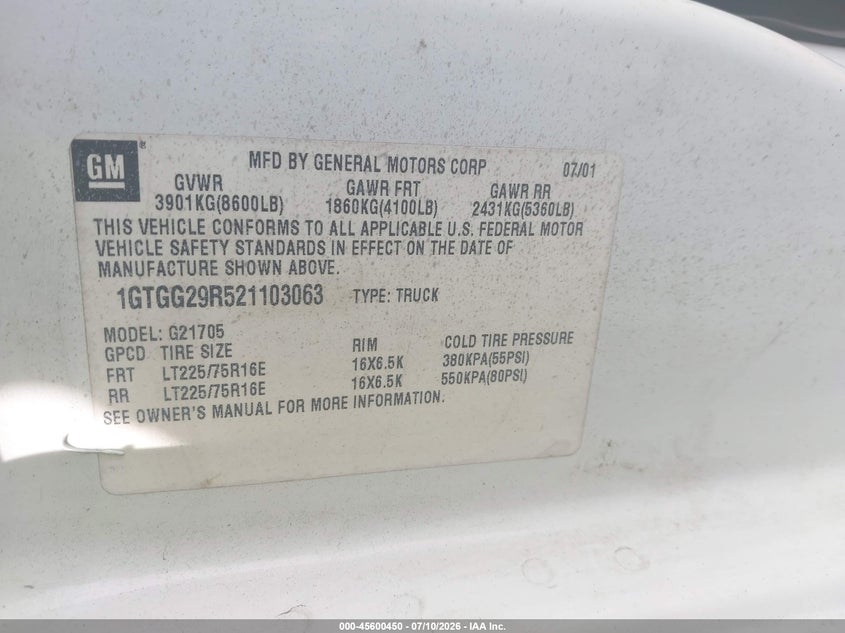 2002 GMC Savana Cargo Van Standard VIN: 1GTGG29R521103063 Lot: 45600450