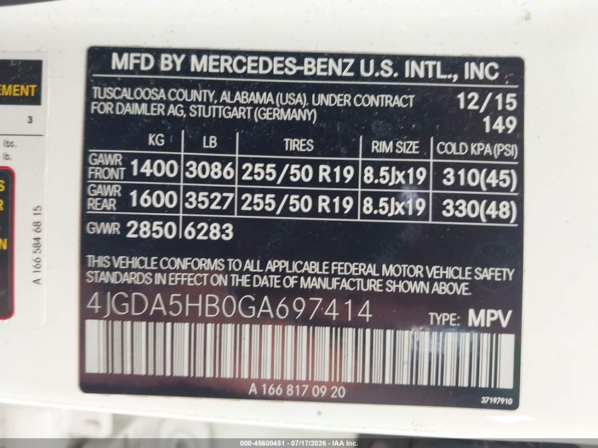 2016 Mercedes-Benz Gle 350 4Matic VIN: 4JGDA5HB0GA697414 Lot: 45600451