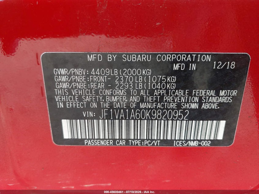 2019 Subaru Wrx VIN: JF1VA1A60K9820952 Lot: 45600461