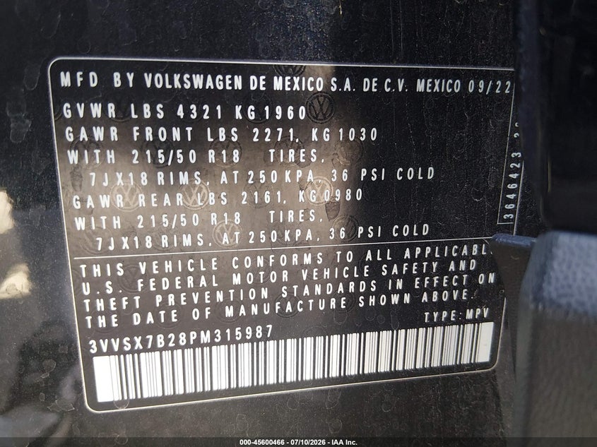 2023 Volkswagen Taos 1.5T Se VIN: 3VVSX7B28PM315987 Lot: 45600466