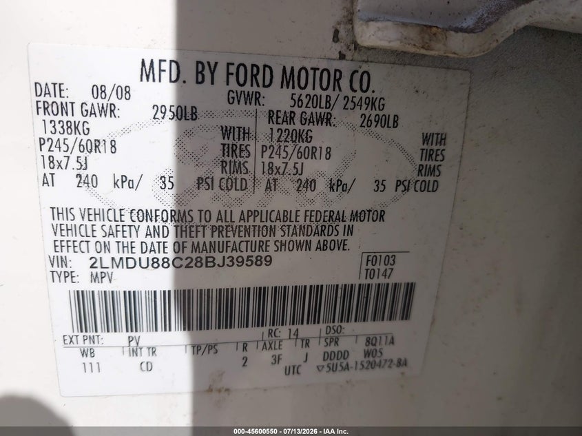 2008 Lincoln Mkx VIN: 2LMDU88C28BJ39589 Lot: 45600550