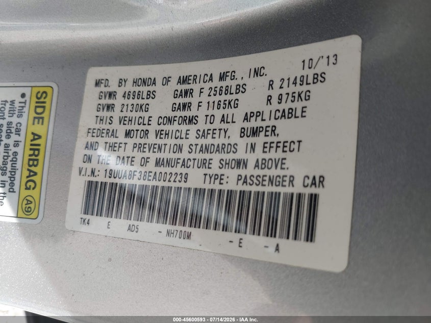 2014 Acura Tl 3.5 Special Edition VIN: 19UUA8F38EA002239 Lot: 45600593