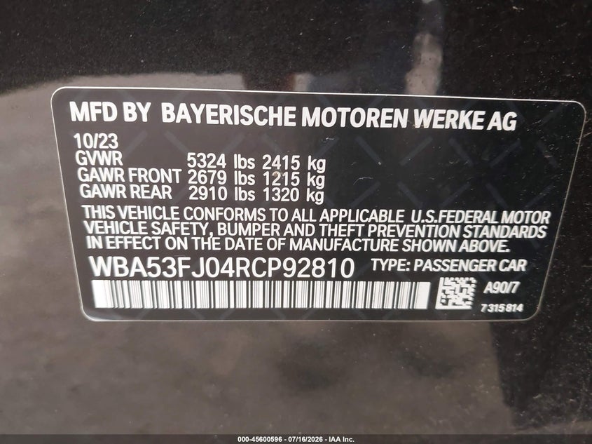 2024 BMW 530I xDrive VIN: WBA53FJ04RCP92810 Lot: 45600596
