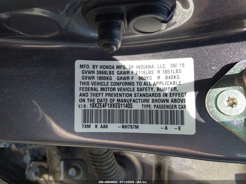 2019 Honda Insight Lx VIN: 19XZE4F1XKE011405 Lot: 45600620