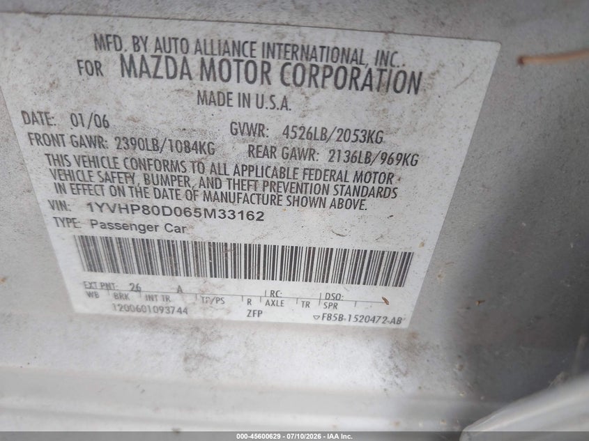 2006 Mazda Mazda6 Sport S VIN: 1YVHP80D065M33162 Lot: 45600629