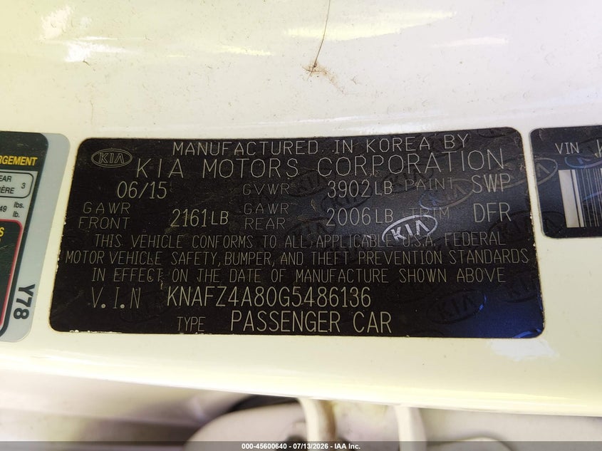 2016 KIA FORTE SEDAN 2.0L I-4 DI, DOHC, VVT, 173HP