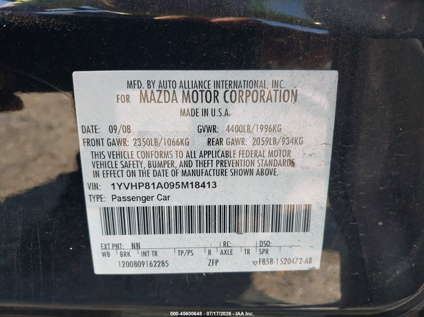 2009 Mazda Mazda6 I Sport VIN: 1YVHP81A095M18413 Lot: 45600648