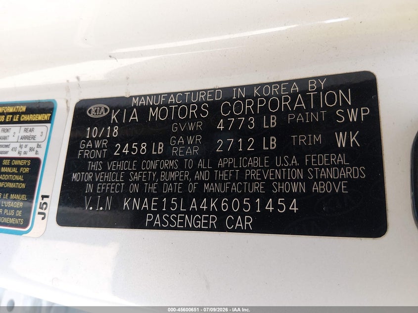 2019 Kia Stinger VIN: KNAE15LA4K6051454 Lot: 45600651