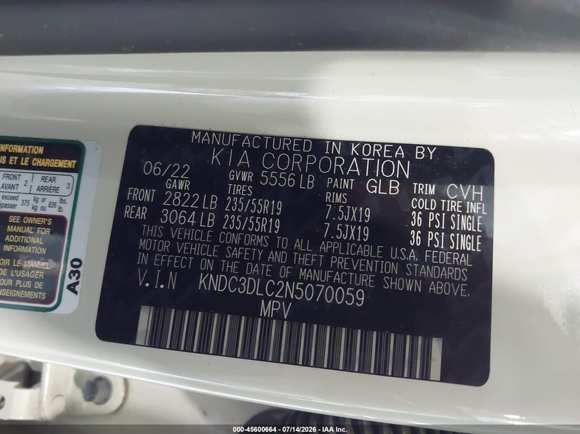 2022 Kia Ev6 Wind VIN: KNDC3DLC2N5070059 Lot: 45600664