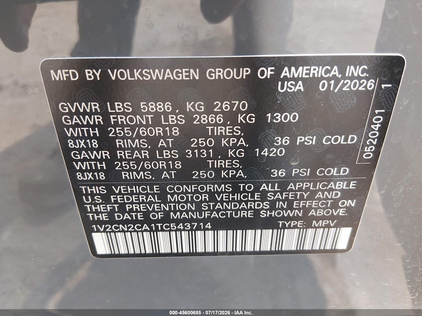 2026 Volkswagen Atlas Peak Edition VIN: 1V2CN2CA1TC543714 Lot: 45600685