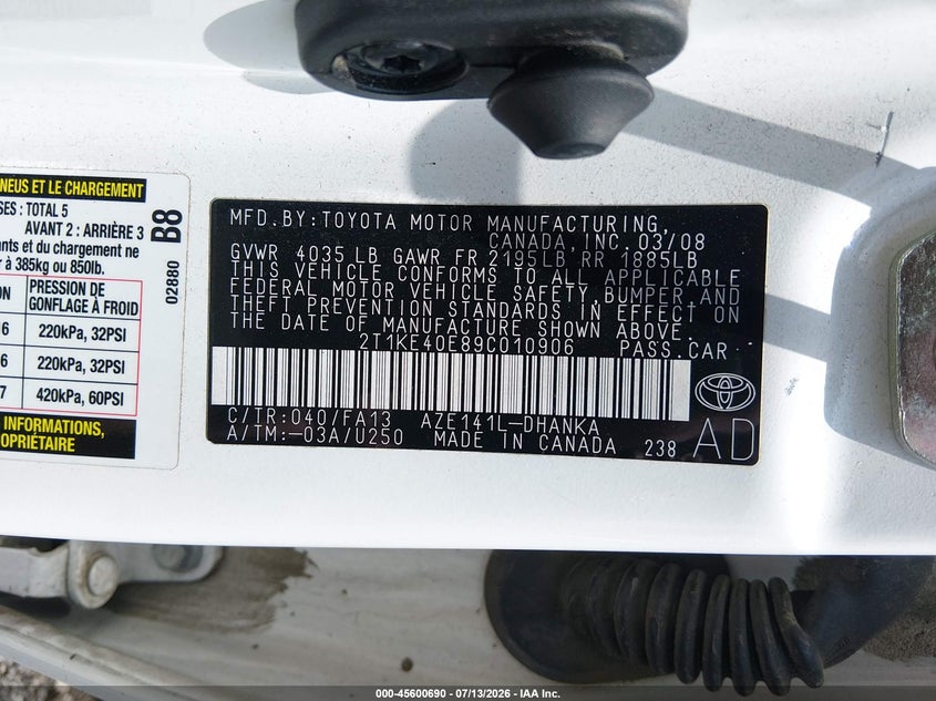 2009 Toyota Matrix S VIN: 2T1KE40E89C010906 Lot: 45600690