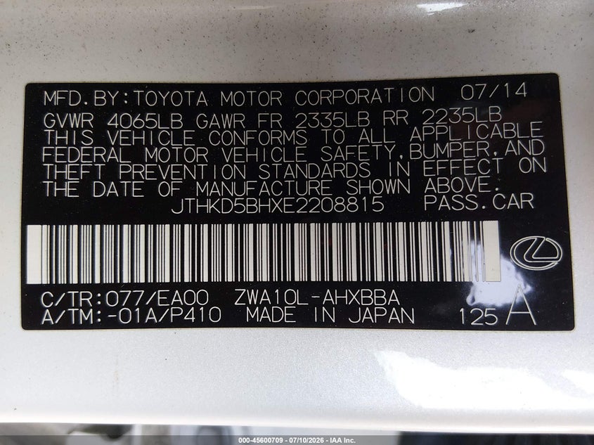 2014 Lexus Ct 200H VIN: JTHKD5BHXE2208815 Lot: 45600709