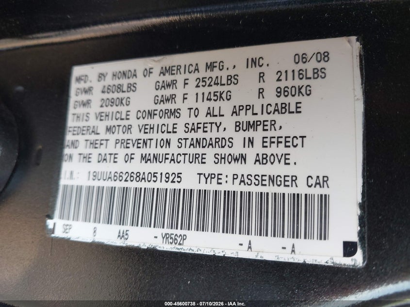 2008 Acura Tl 3.2 VIN: 19UUA66268A051925 Lot: 45600738